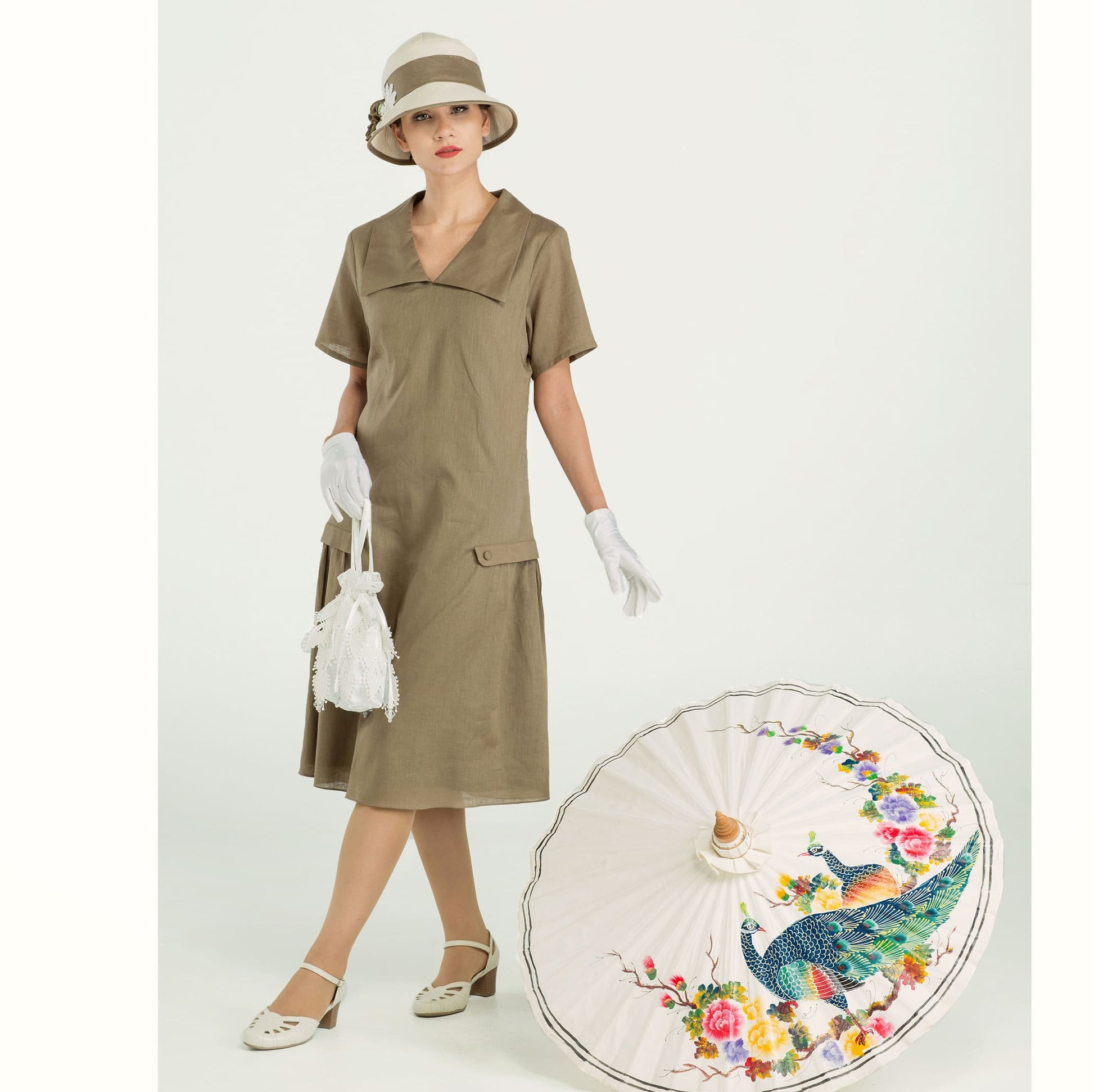 1920s linen dress in olive green with puritan collar - a vintage-inspired Roaring Twenties dress