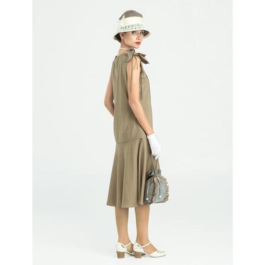 Sleeveless 1920s linen dress in olive green with bow on shoulder