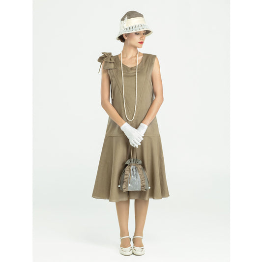 Sleeveless 1920s linen dress in olive green with bow on shoulder - a vintage-inspired Roaring Twenties dress