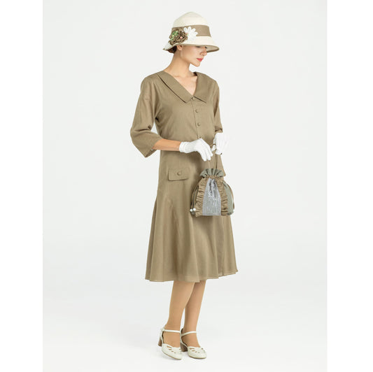 1920s olive linen dress with small puritan collar and 3/4 sleeves