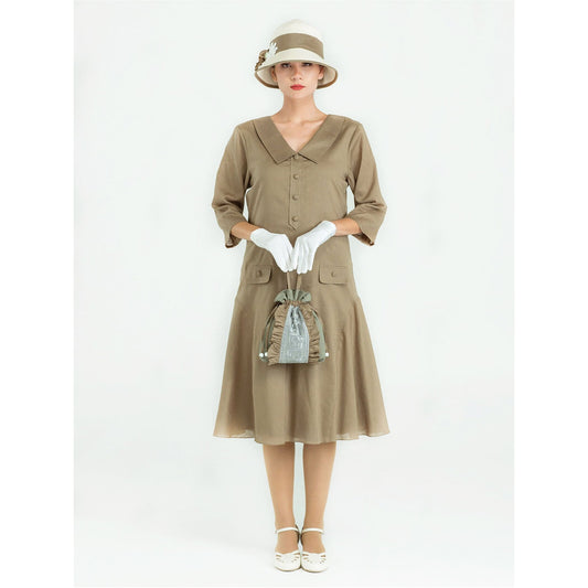 1920s olive linen dress with small puritan collar and 3/4 sleeves - a vintage-inspired Roaring Twenties dress