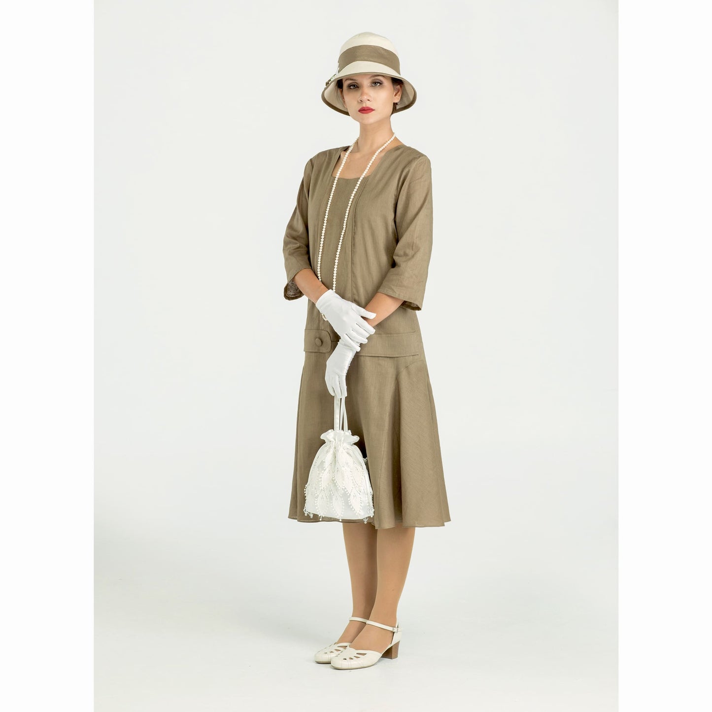 Olive green linen Great Gatsby dress with square neck and 3/4 sleeves