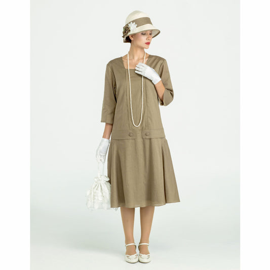 Olive green linen Great Gatsby dress with square neck and 3/4 sleeves - a vintage-inspired Roaring Twenties dress