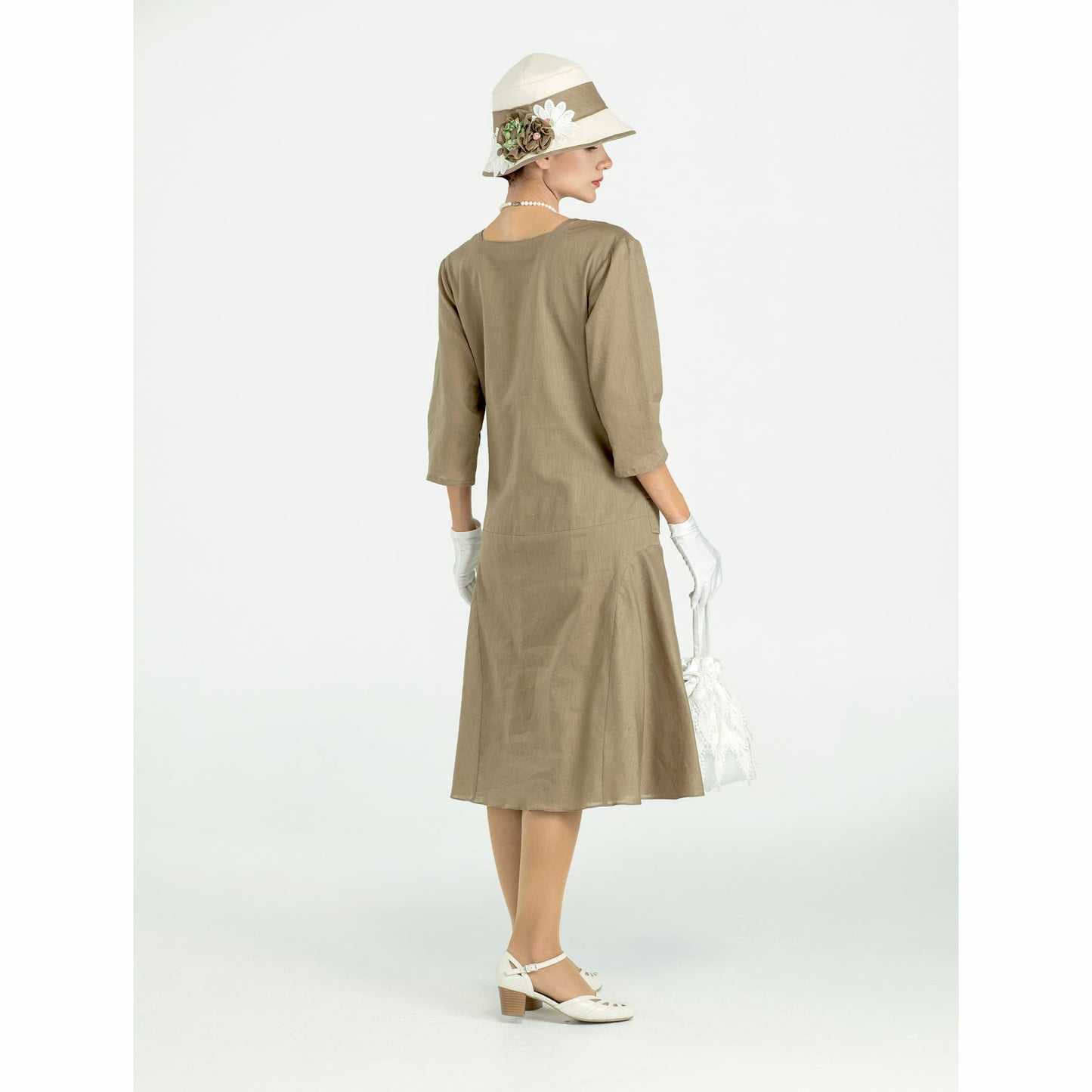 Olive green linen Great Gatsby dress with square neck and 3/4 sleeves