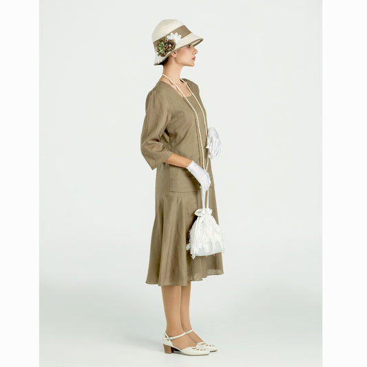 Olive green linen Great Gatsby dress with square neck and 3/4 sleeves