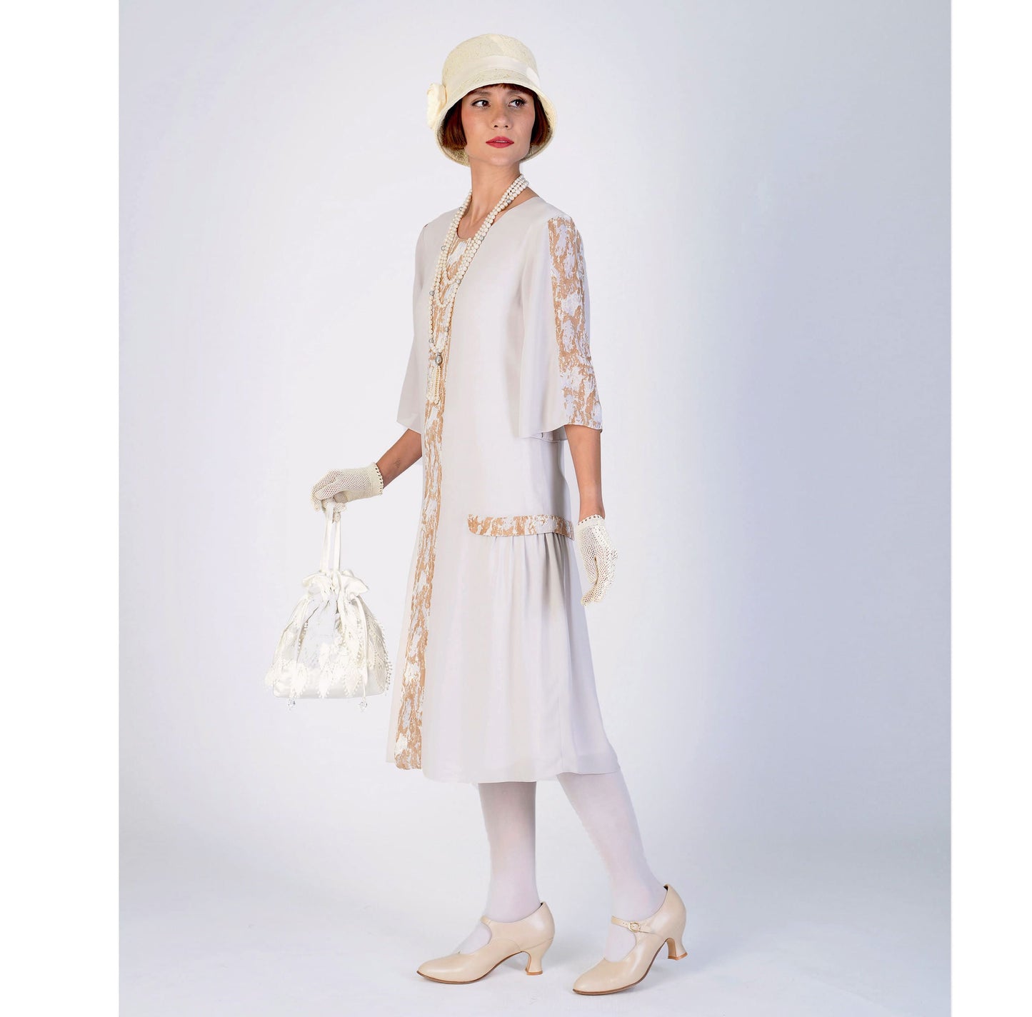1920s chiffon party dress in bleached linen color and printed brown - a Roaring Twenties dress