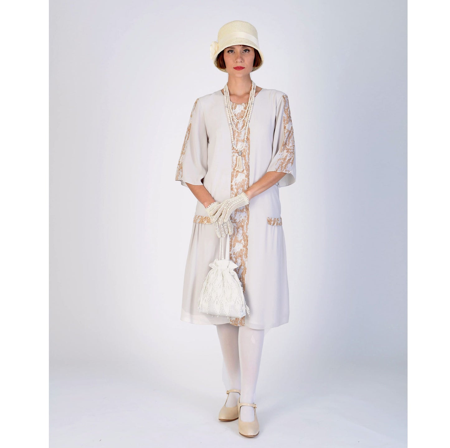 1920s chiffon party dress in bleached linen color and printed brown