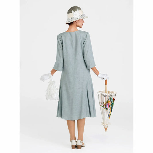 Grey 20s linen tea dress with small puritan collar and 3/4 sleeves