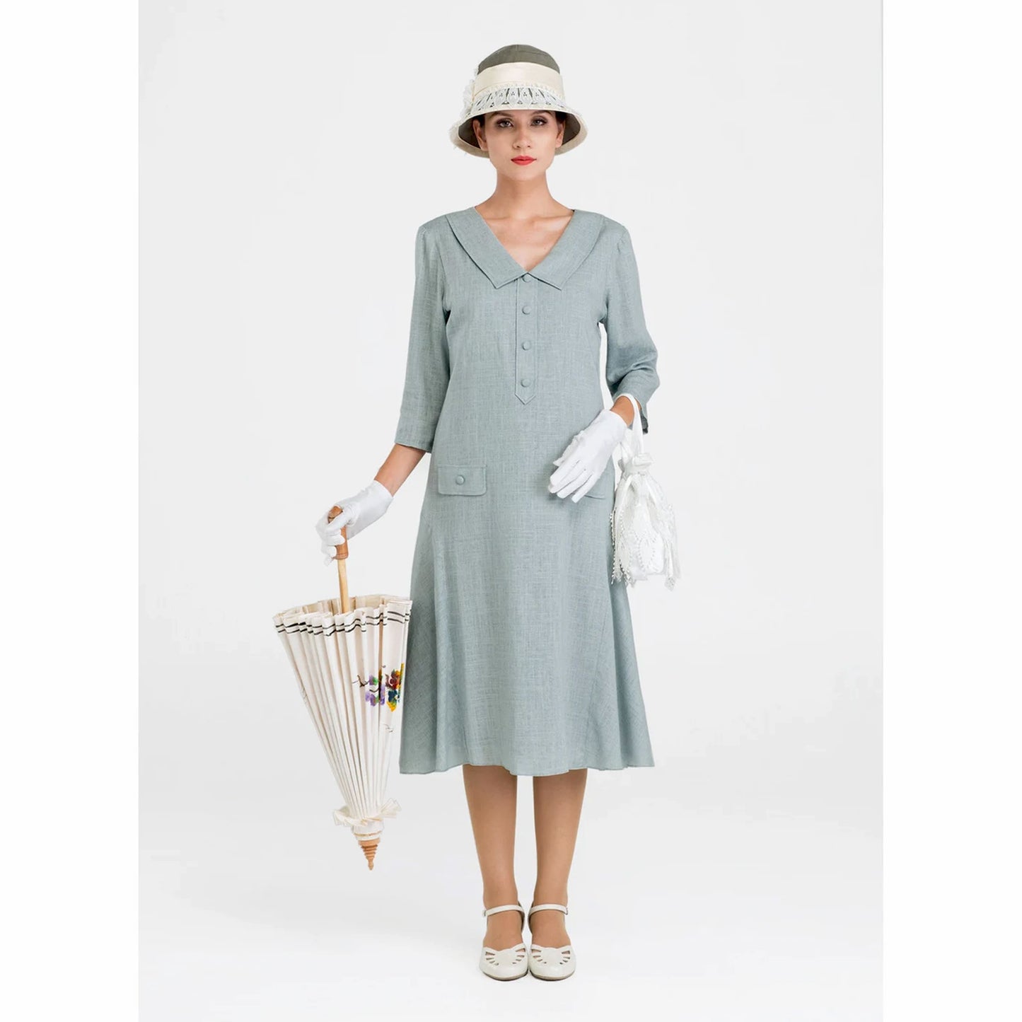 Grey 20s linen tea dress with small puritan collar and 3/4 sleeves