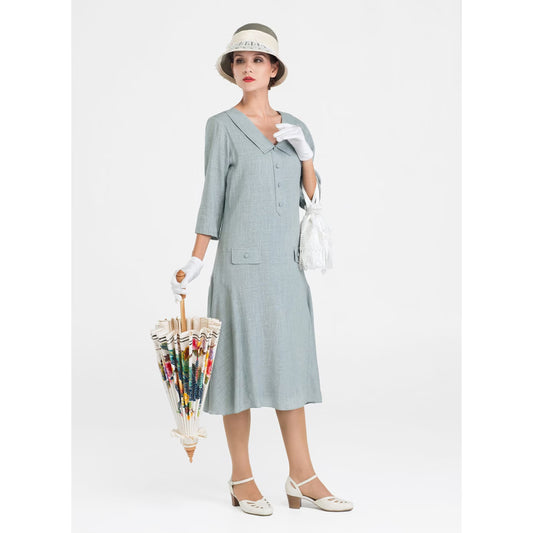 Grey 20s linen tea dress with small puritan collar and 3/4 sleeves - a vintage-inspired Roaring Twenties dress
