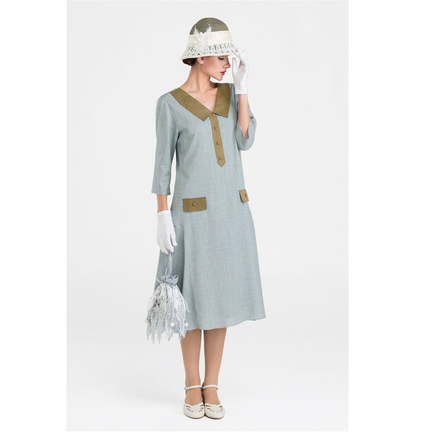 Grey/olive 1920s linen dress with small puritan collar & 3/4 sleeves