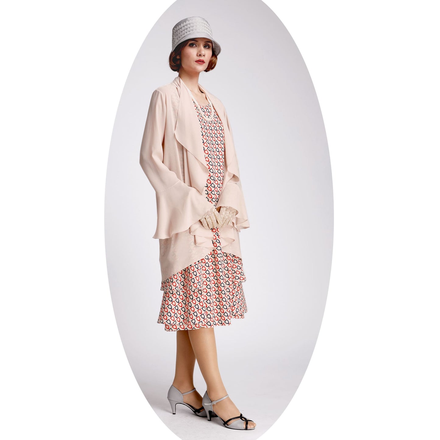 1920s chiffon jacket in nude color with cascade collar - a vintage-inspired Roaring Twenties jacket