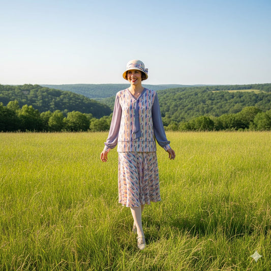 1920s fashion dress with a cheerful Art Deco pattern in light pastel shades