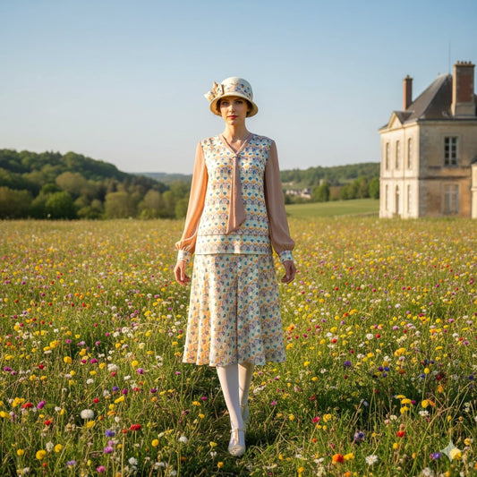 1920s dress with Playful Pastel Art Deco Print and brown Contrast