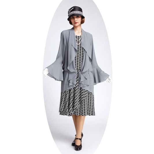 Chiffon 1920s jacket with cascade collar in grey - a vintage-inspired Roaring Twenties dress