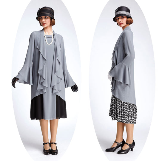 Grey cardigan made of chiffon with cascade collar - a vintage-inspired Roaring Twenties coat