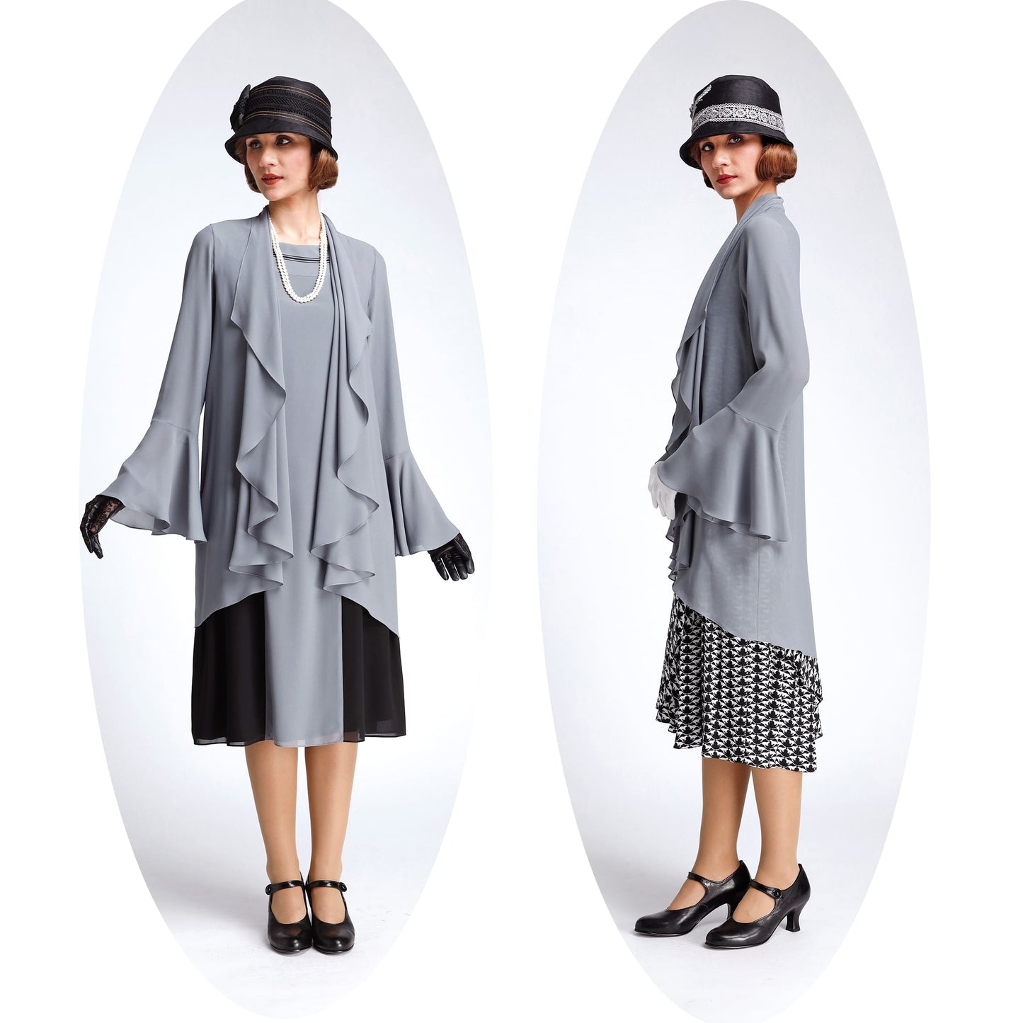 Grey cardigan made of chiffon with cascade collar