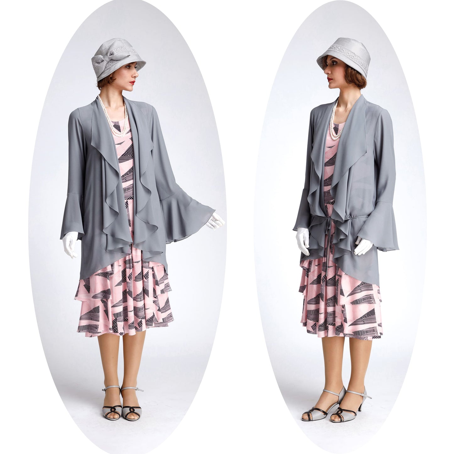 Grey cardigan made of chiffon with cascade collar