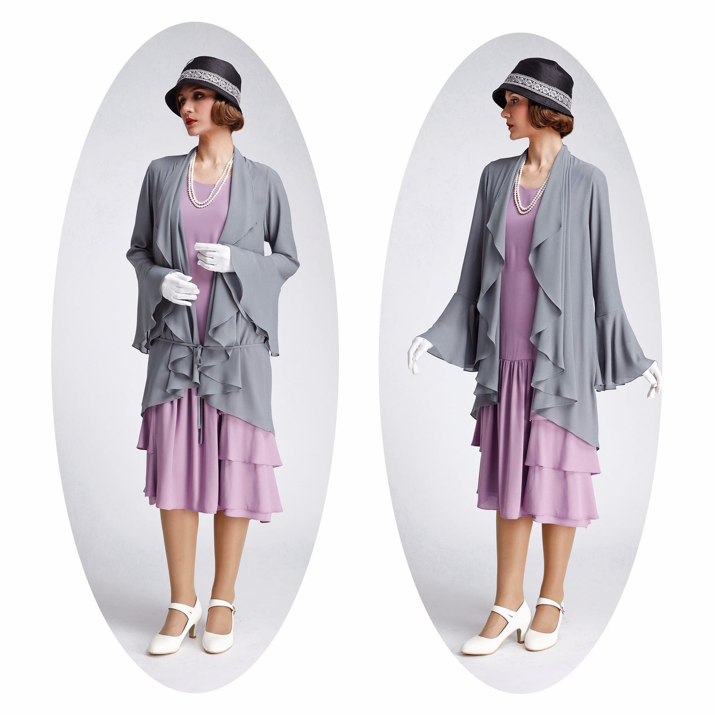 Grey cardigan made of chiffon with cascade collar