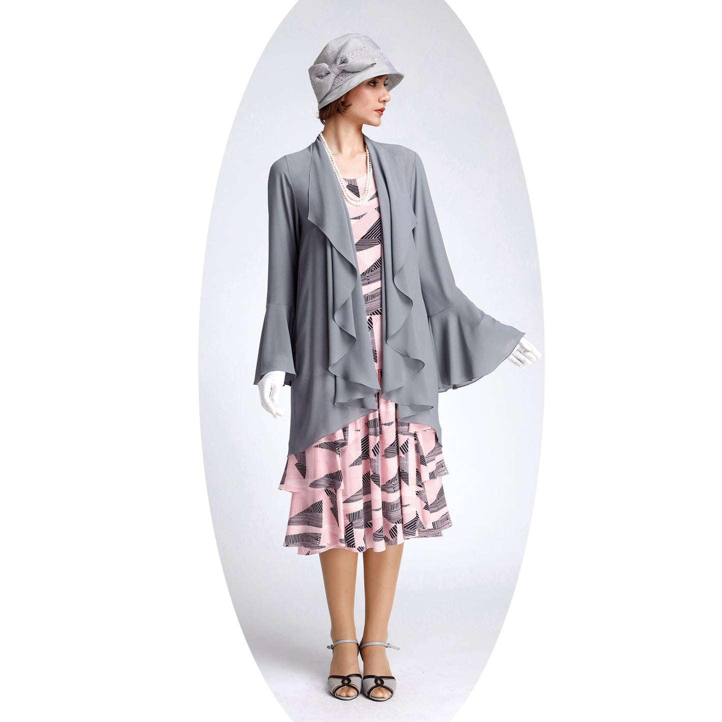 A darling pink and black 1920s rayon dress with tiered skirt