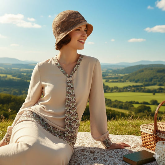 Beige Rayon Downton Abbey style Dress with Brown Deco Fan Print