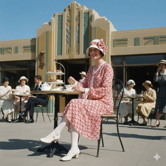1920s Style Soft Red Art Deco Print Dress with White Tie