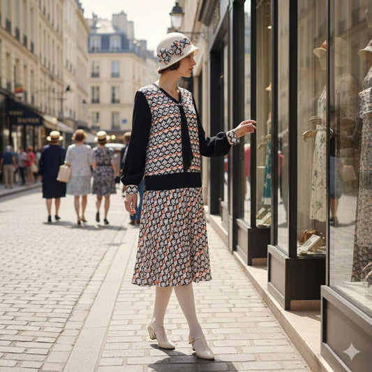 1920s dress in Art Deco Fan Print in Black, Ivory and Terracotta