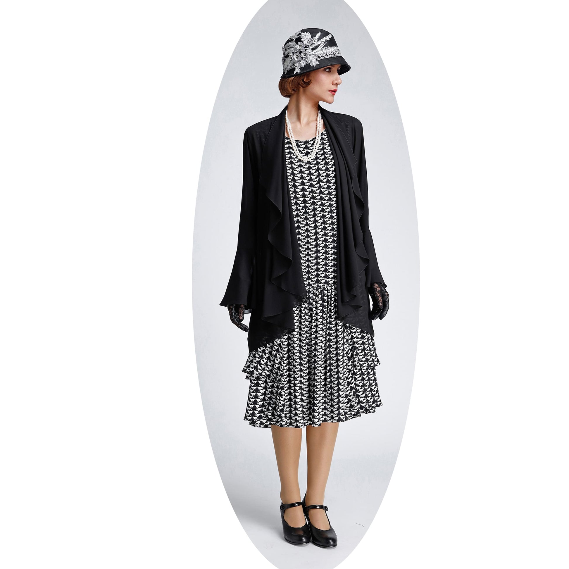 Black chiffon 1920s Gatsby jacket with cascade collar. Can be worn as Great Gatsby sheer jacket, 1920s high tea cardigan, flapper jacket or Downton Abbey jacket
