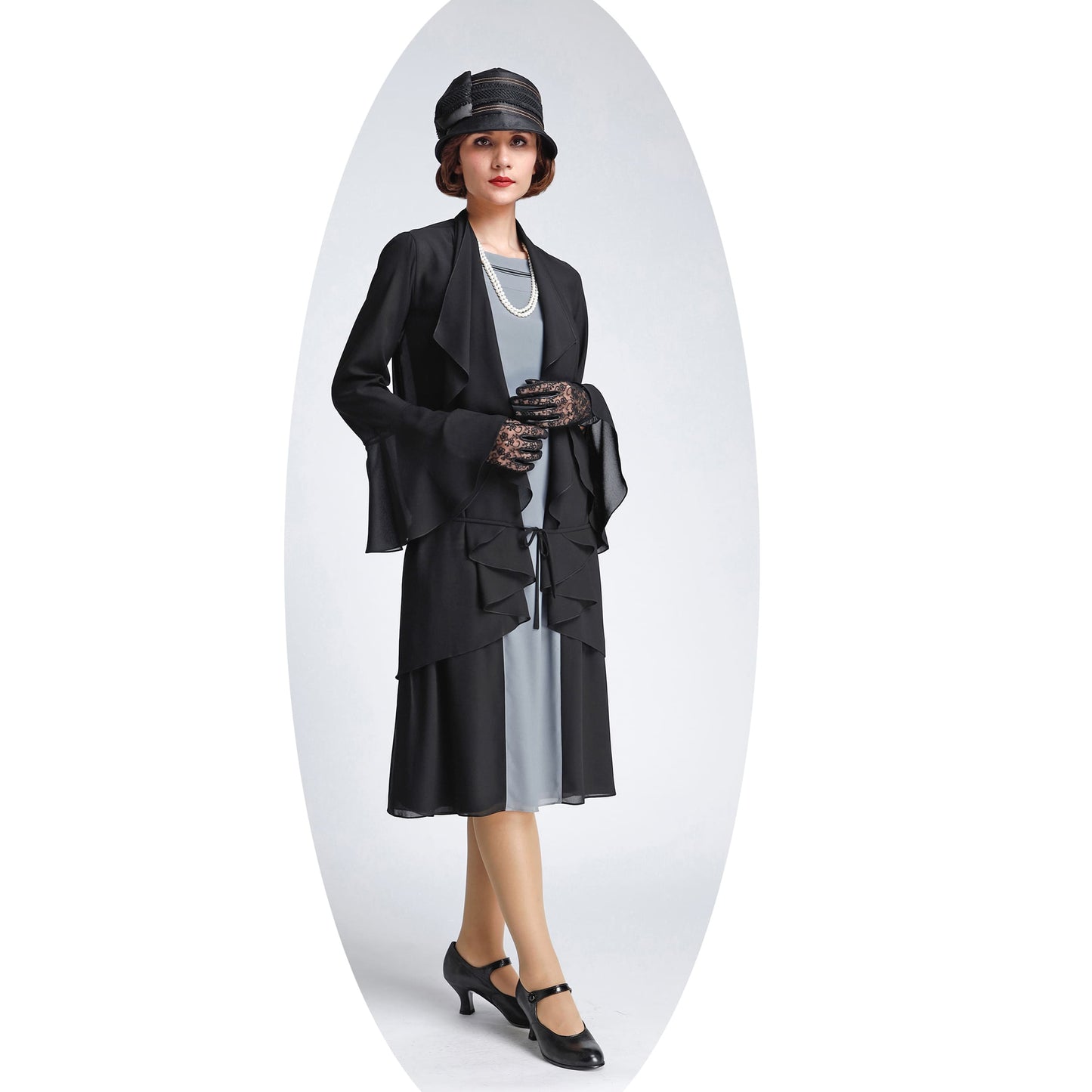 1920s jacket in black chiffon with cascade collar