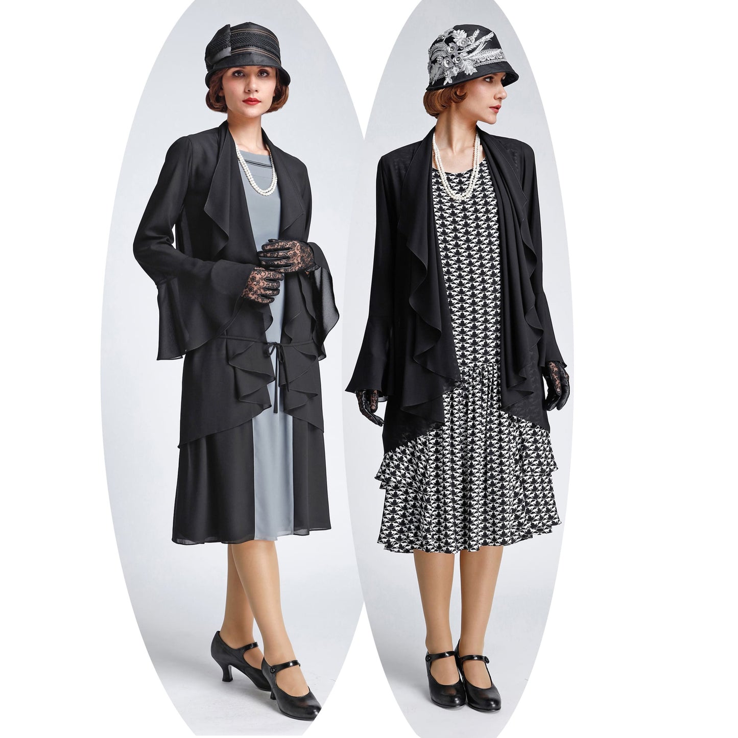 Black 1920s jacket made of chiffon and with cascade collar - a vintage-inspired Roaring Twenties jacket