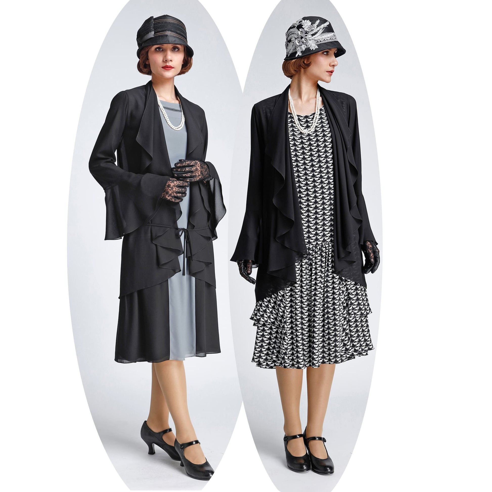 Black 1920s jacket made of chiffon and with cascade collar - a vintage-inspired Roaring Twenties jacket