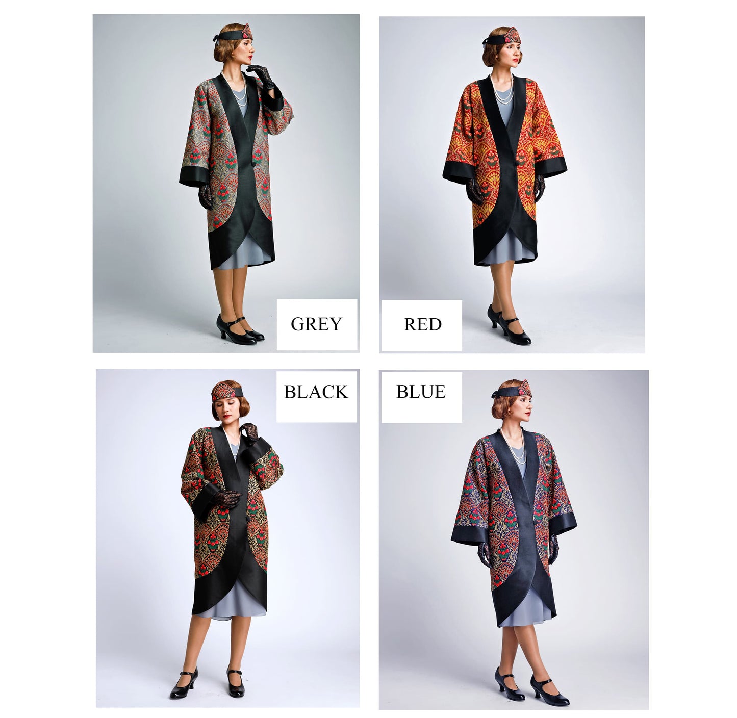 Grey Great Gatsby 1920s-inspired embroidered silk art deco coat