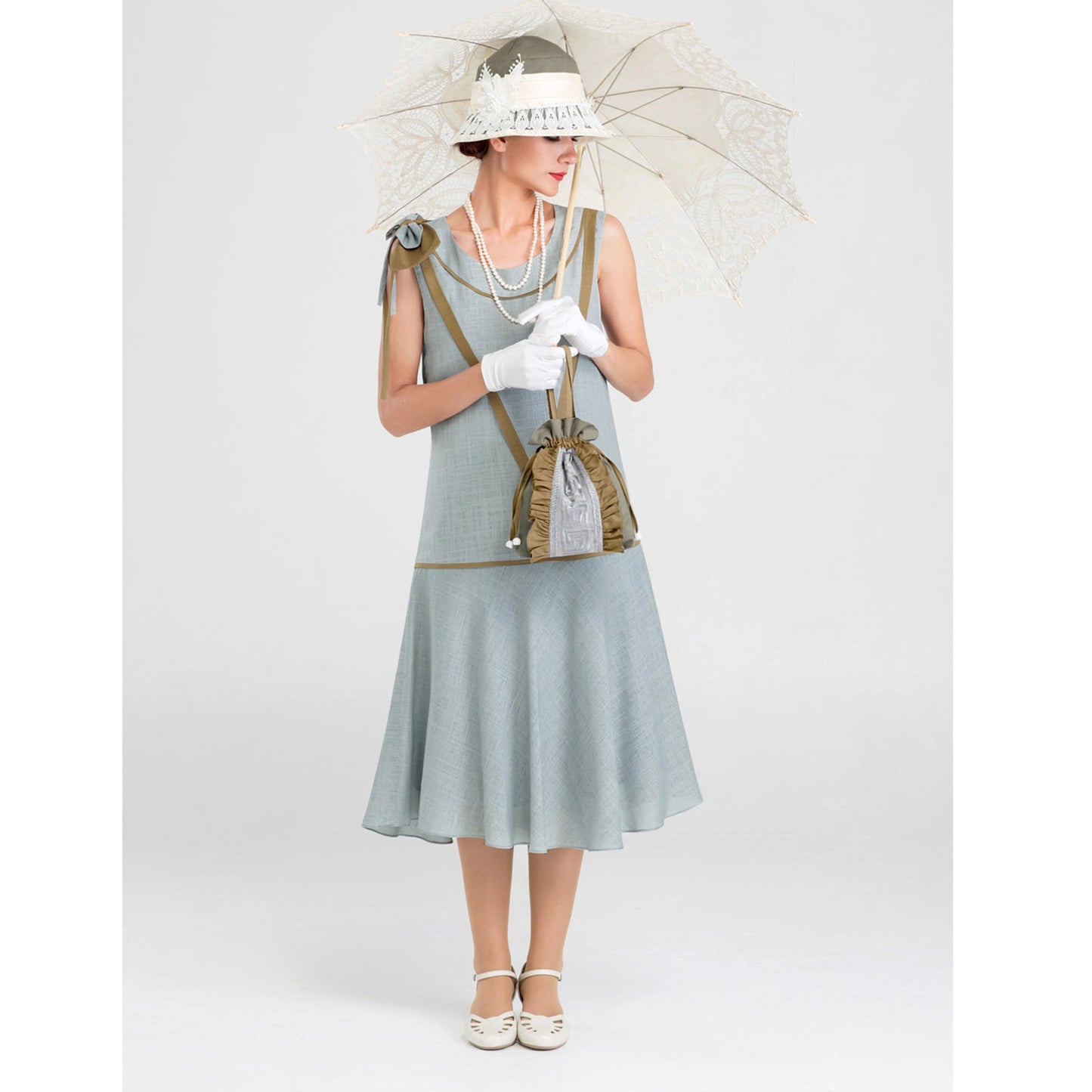 1920s linen day dress in grey & olive green with shoulder bow - a vintage-inspired Roaring Twenties dress