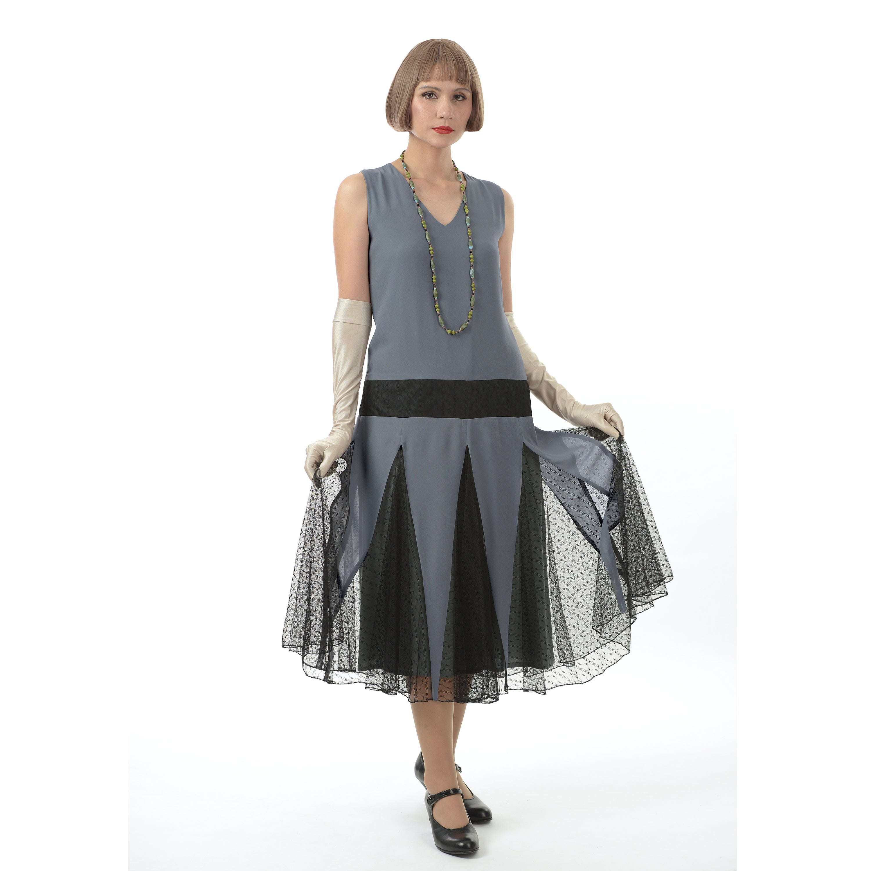 Grey chiffon flapper dress with black tulle skirt godets LaVieDelight