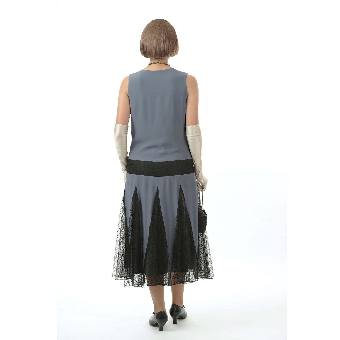 Grey chiffon flapper dress with black tulle skirt godets