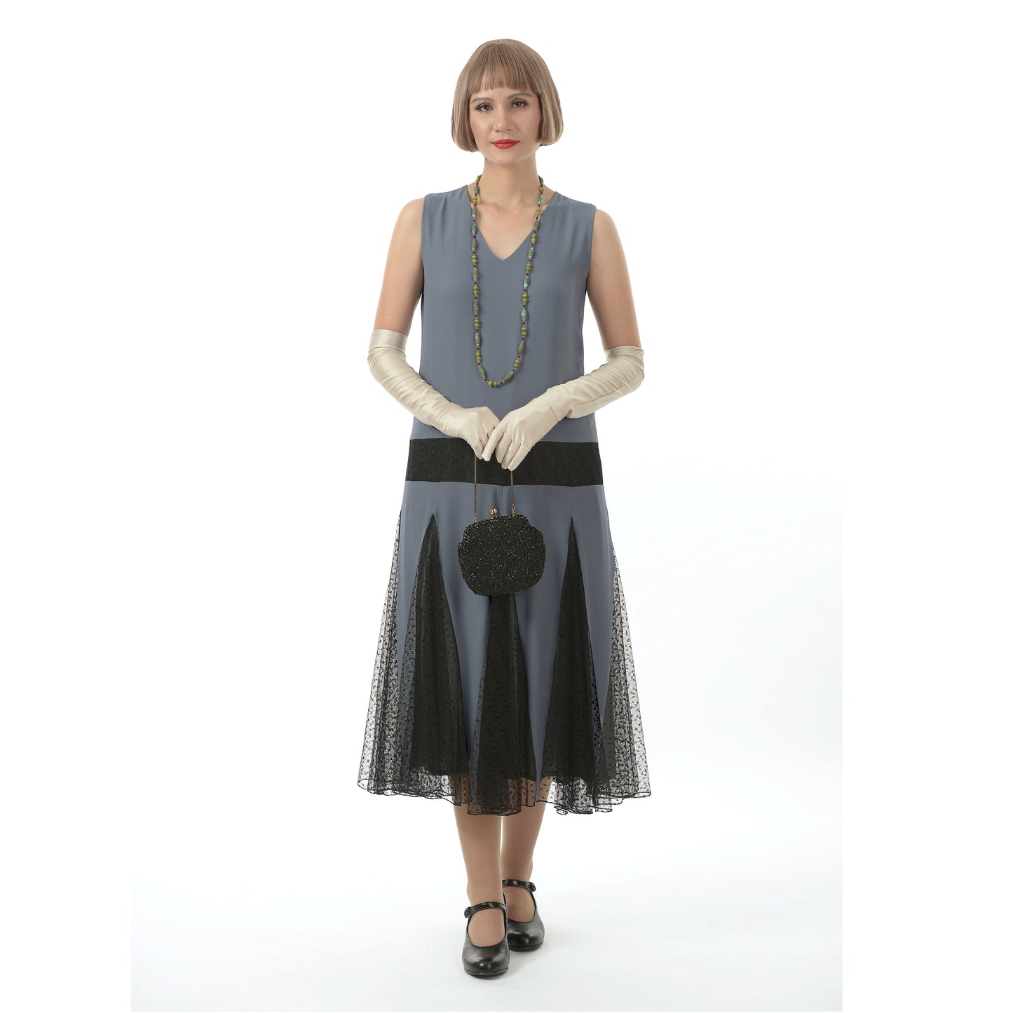 Grey chiffon flapper dress with black tulle skirt godets