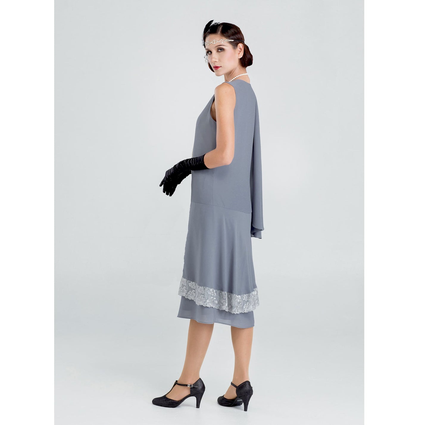Grey Great Gatsby evening dress with lace trim and a train on the back. This flapper dress can be worn as a Gatsby dress or Lady Mary evening dress