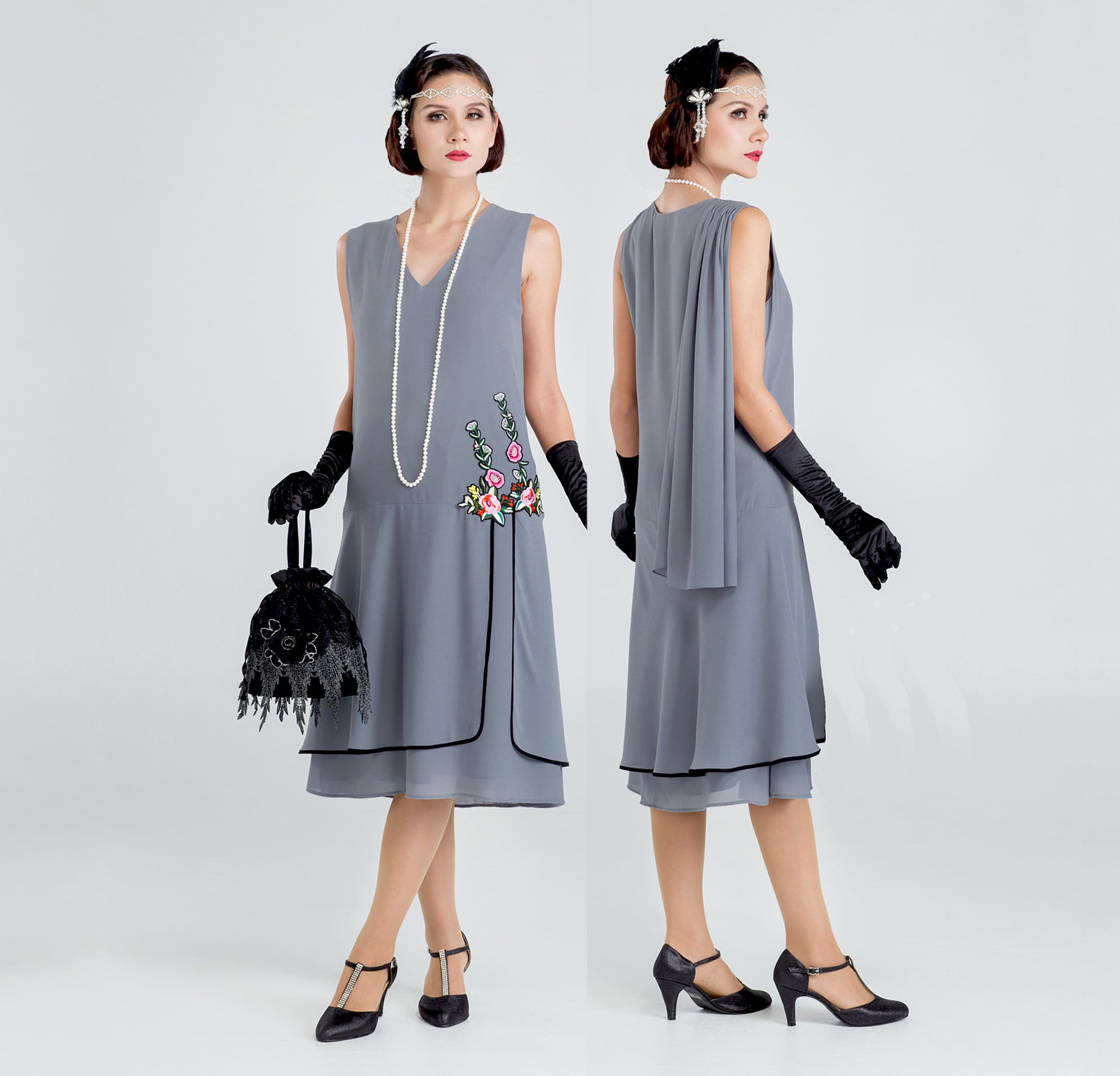 1920s party dress in grey with floral embroidery – LaVieDelight