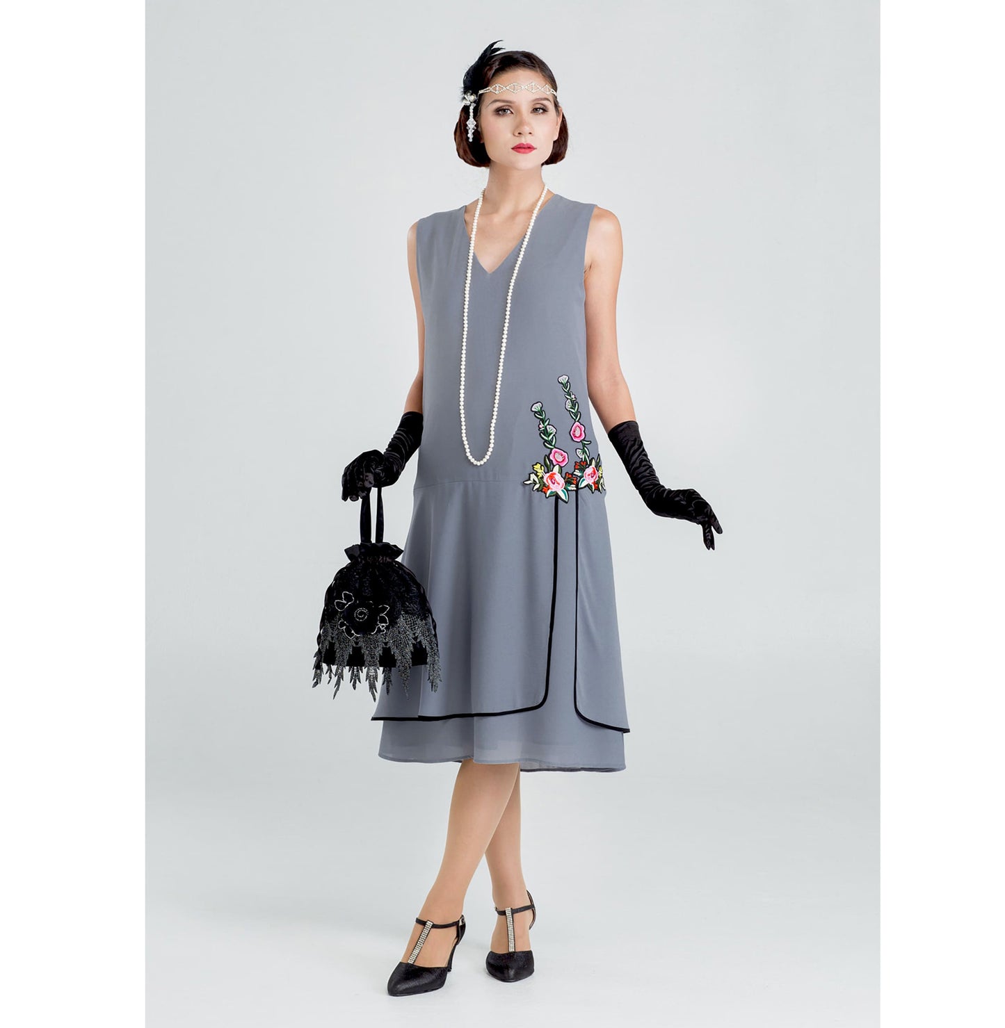 Grey Jazz Age party dress with floral embroidery on the front bodice and a train on the shoulder. Can be worn as Charleston dress, Lady Mary dress or Great Gatsby dress.