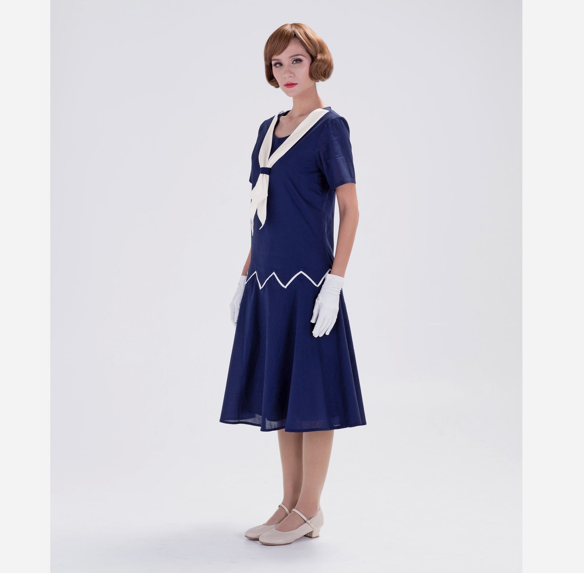 1920s reproduction day dress in navy blue and white - a vintage-inspired Roaring Twenties dress