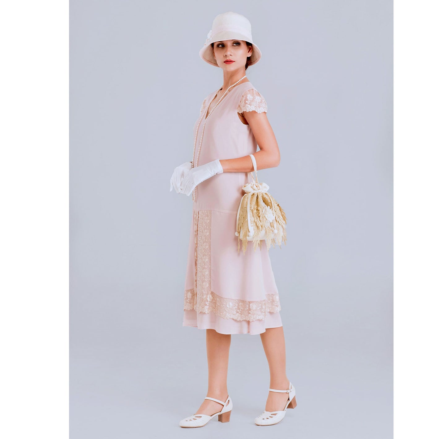 CLEARANCE: Nude drop waist Great Gatsby dress with cap sleeves