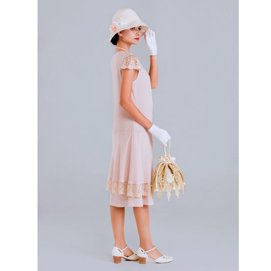 CLEARANCE: Nude drop waist Great Gatsby dress with cap sleeves