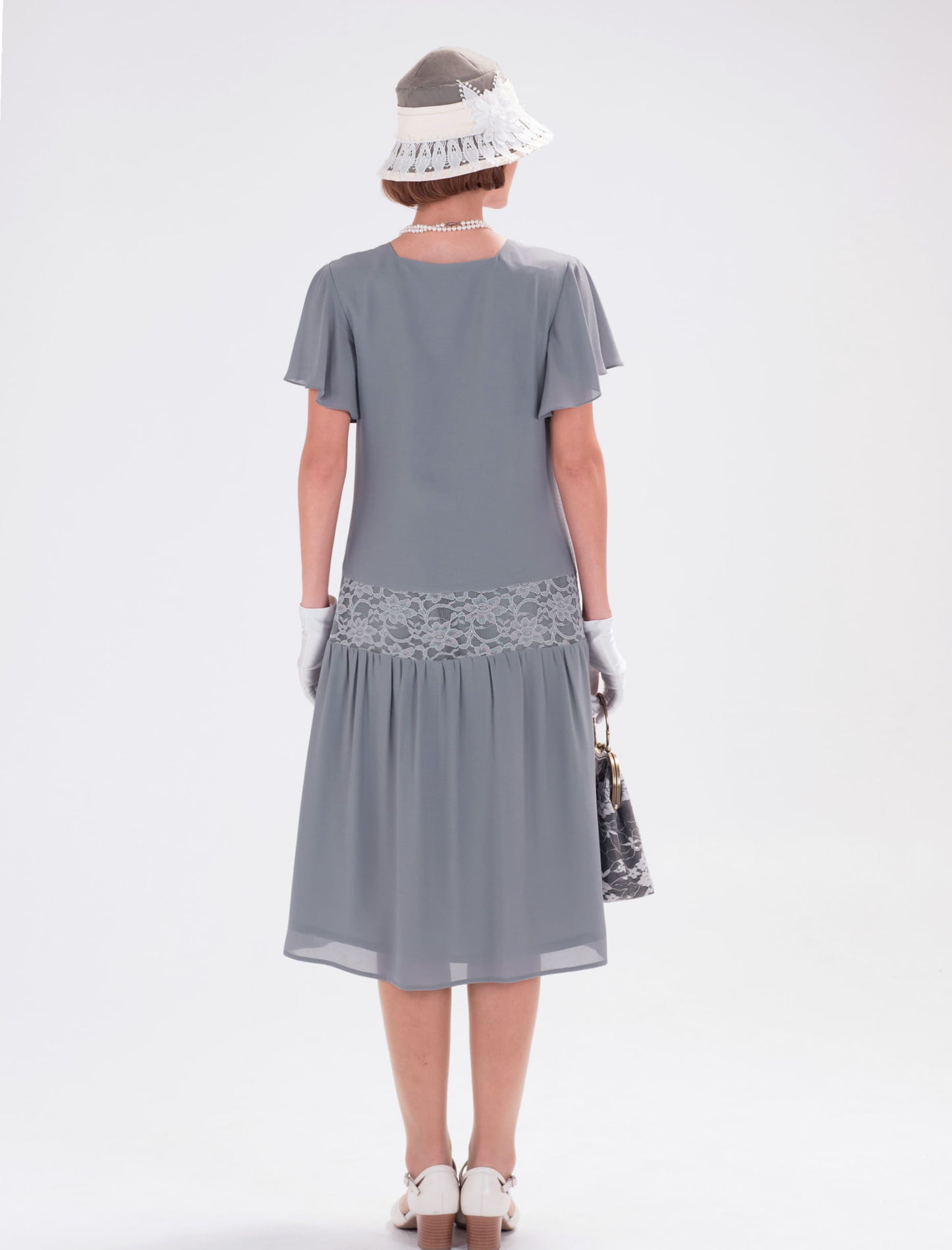 CLEARANCE: 1920s Grey Chiffon Lace Dress with Flutter Sleeves