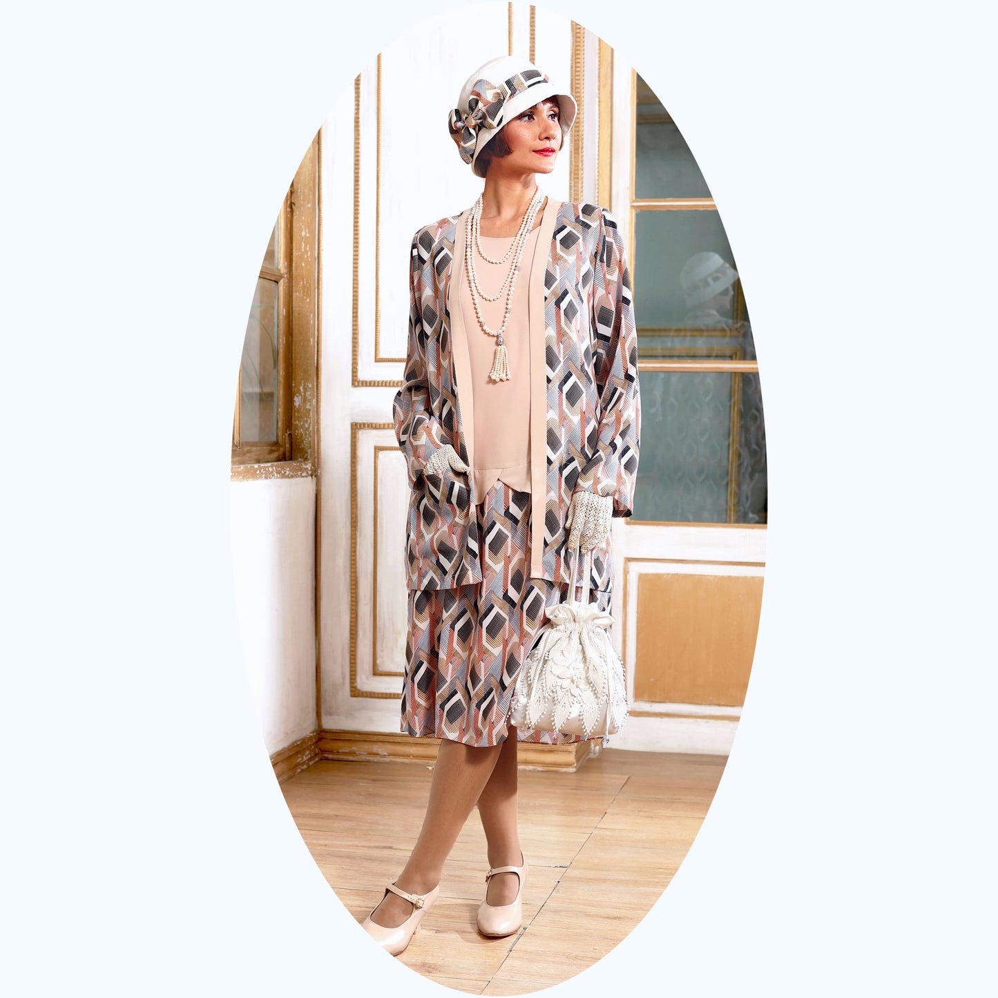 Vintage inspired 1920s dress with nude and printed skirt