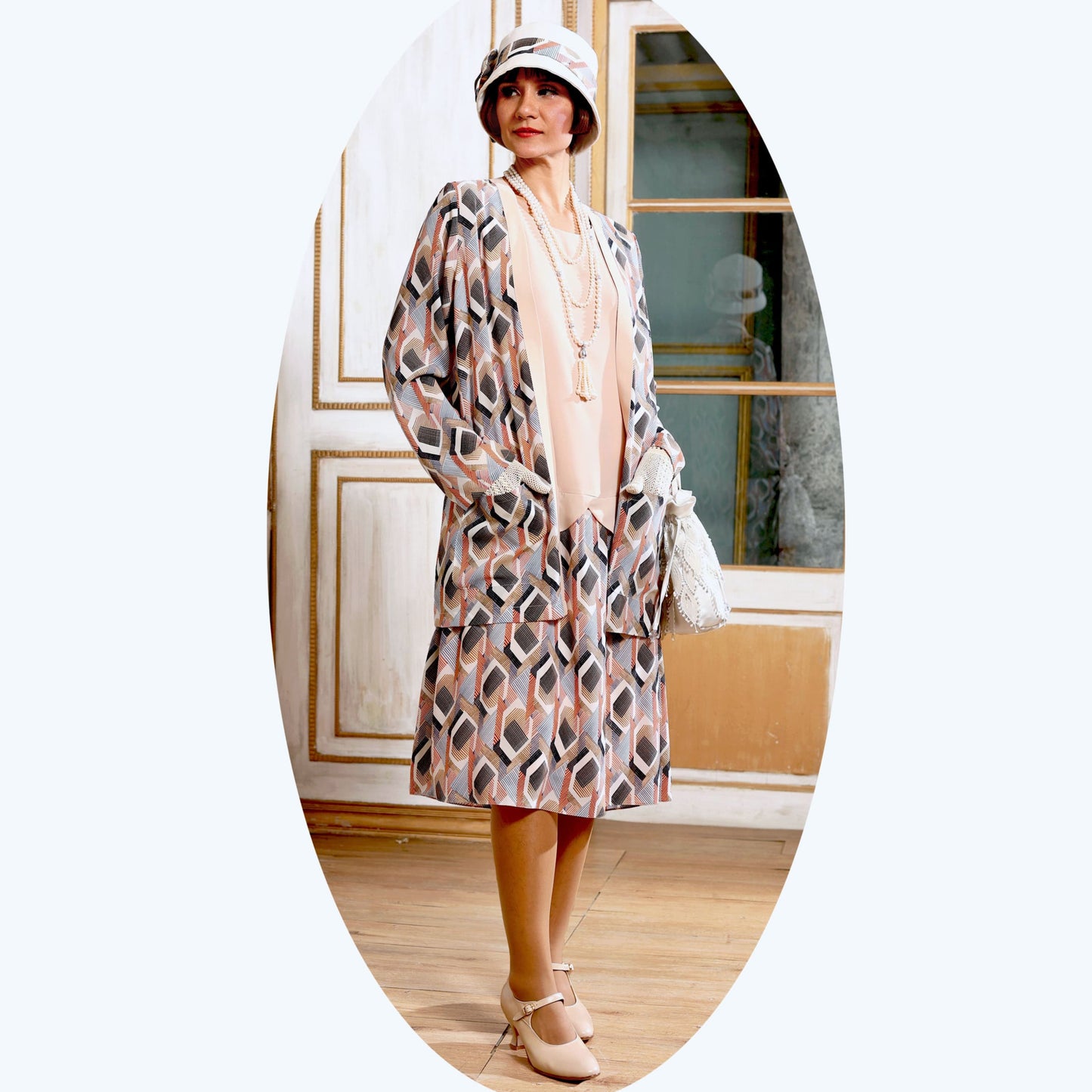 1920s jacket - or 2-piece ensemble with dress- in nude chiffon/amunzen print - a vintage-inspired Roaring Twenties jacket