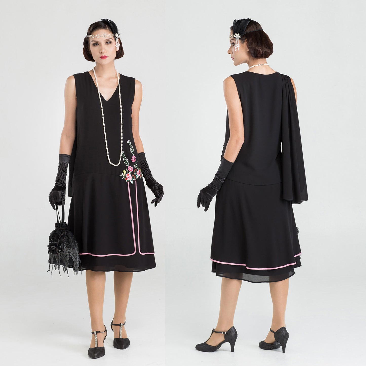 Black 1920s evening dress with a shoulder train - a roaring twenties dress