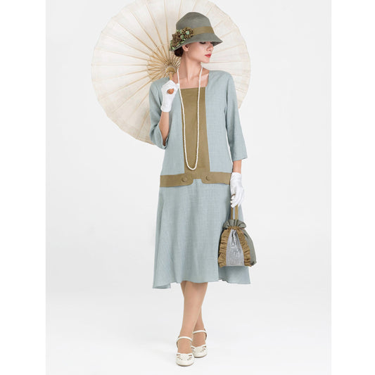 Great Gatsby linen dress in grey and olive with square neckline - a vintage-inspired Roaring Twenties dress