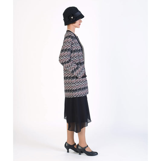 This chiffon 1920s coat in black, white and red can be worn as a 1920s high tea jacket, Great Gatsby cardigan or flapper jacket.