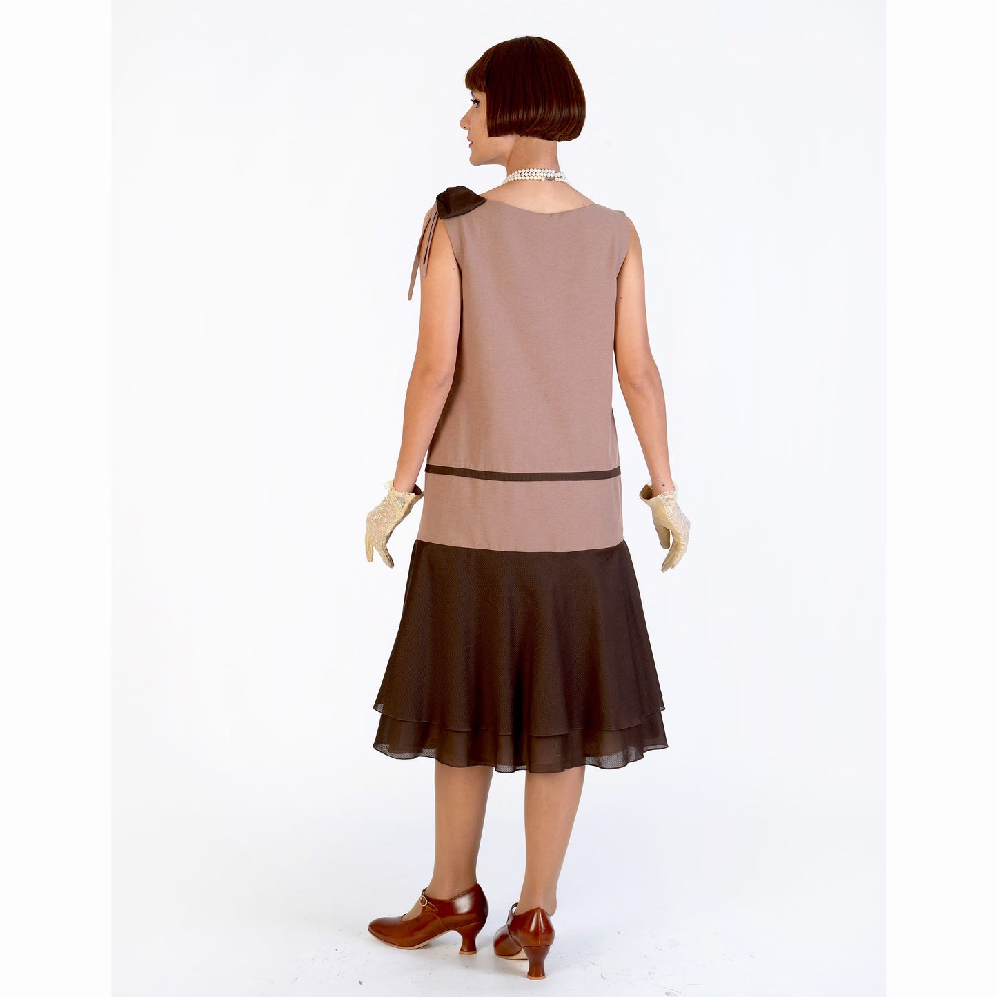 Light brown cotton 1920s dress with dark brown cotton voile. The 1920s fashion dress can be worn as Great Gatsby dress or Lady Mary dress.