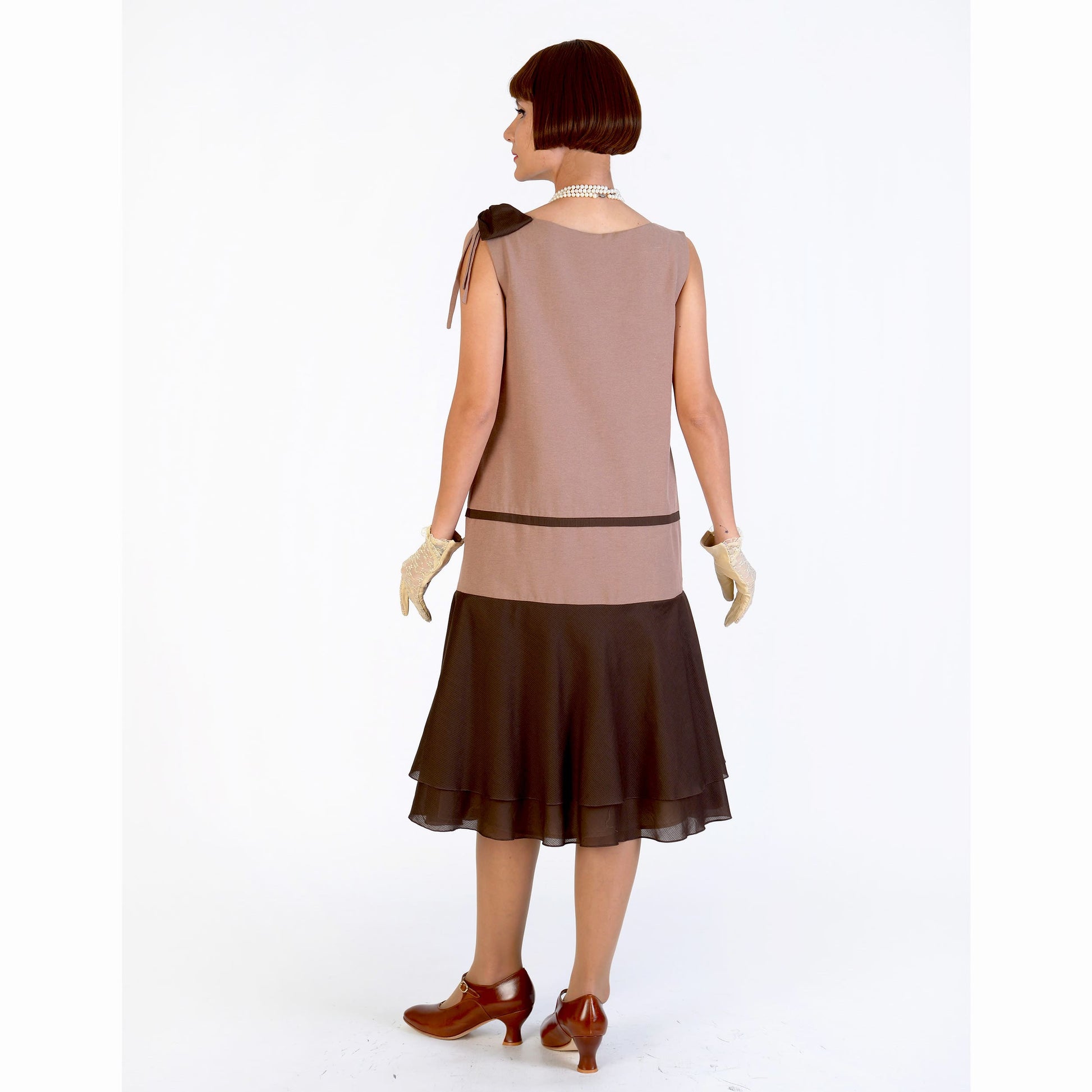 Light brown cotton 1920s dress with dark brown cotton voile. The 1920s fashion dress can be worn as Great Gatsby dress or Lady Mary dress.